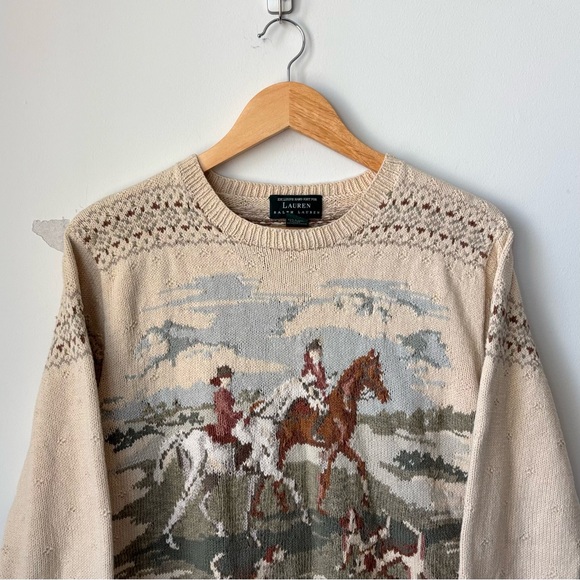 Vintage Ralph Lauren Equestrian Fox Hunt Sweater Size L Handknit Tapestry Horse - Picture 2 of 13
